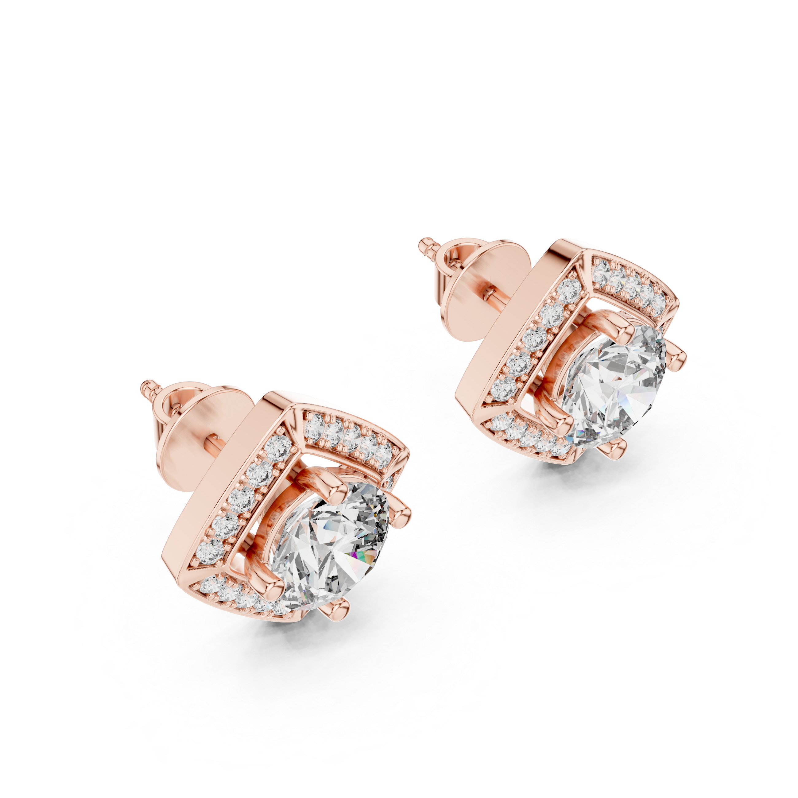 Emerald-Cut Geometric Halo Lab-Grown Diamond Stud Earrings