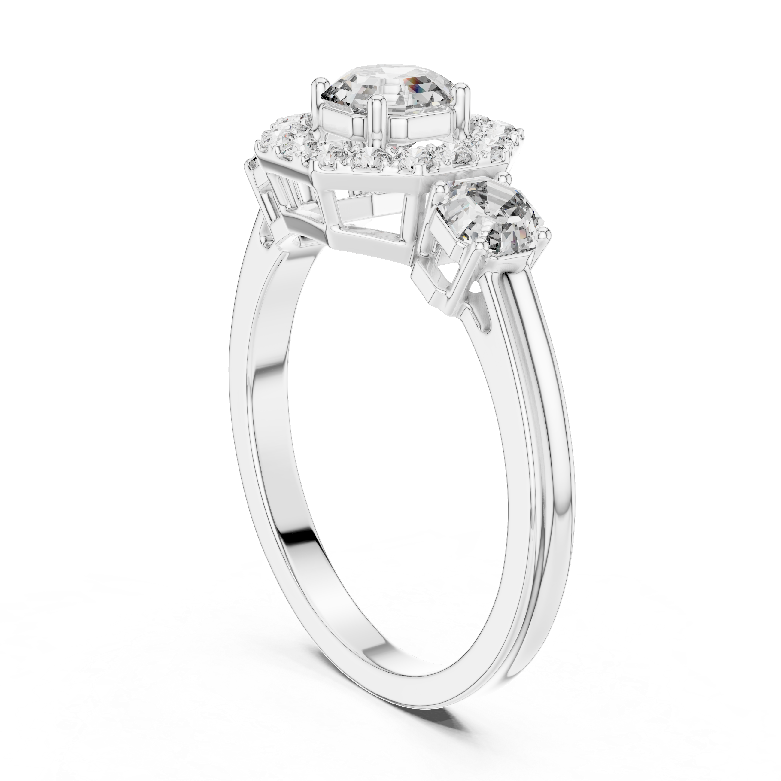 Octagonal Halo Three-Stone Diamond Engagement Ring – Design LR-0032