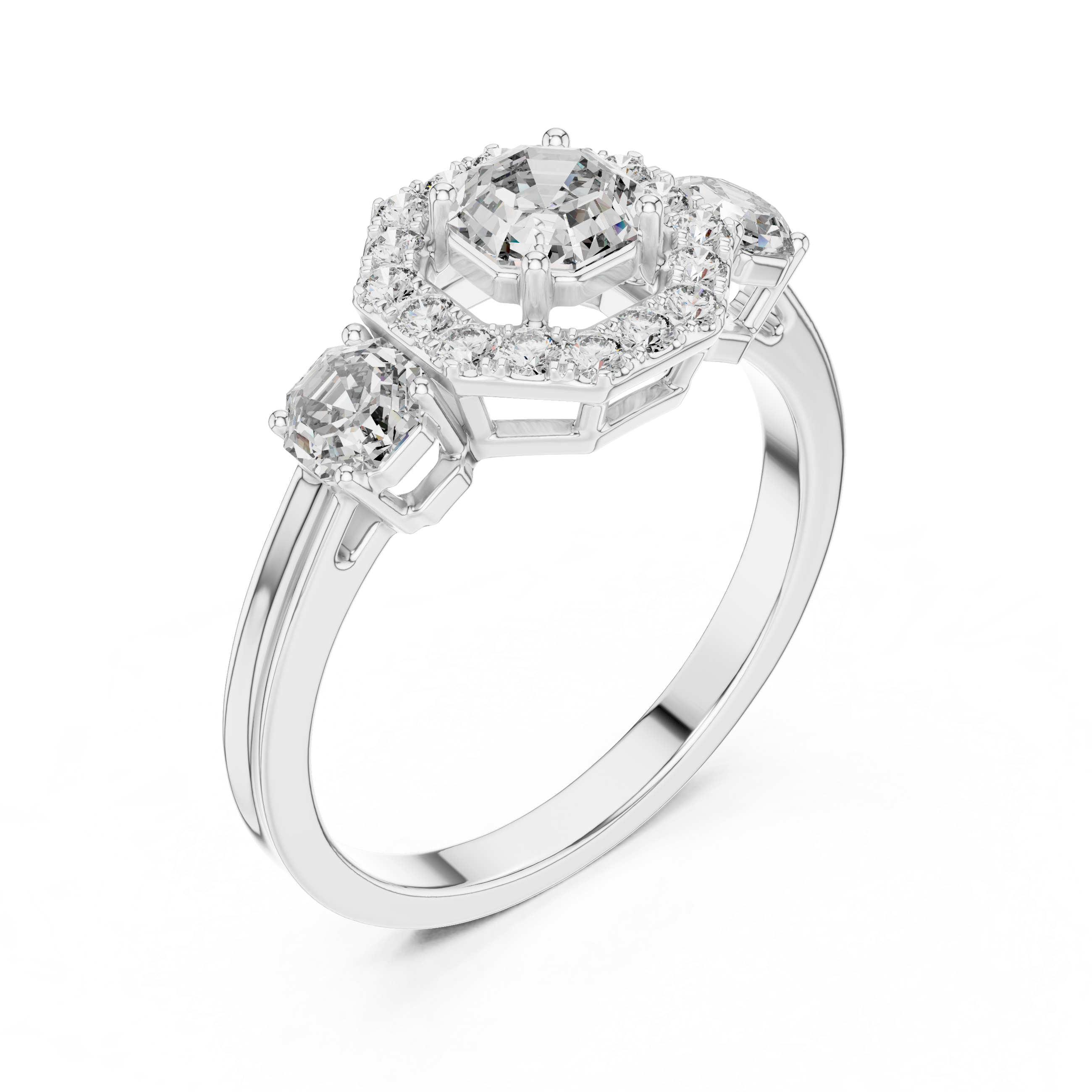 Octagonal Halo Three-Stone Diamond Engagement Ring – Design LR-0032