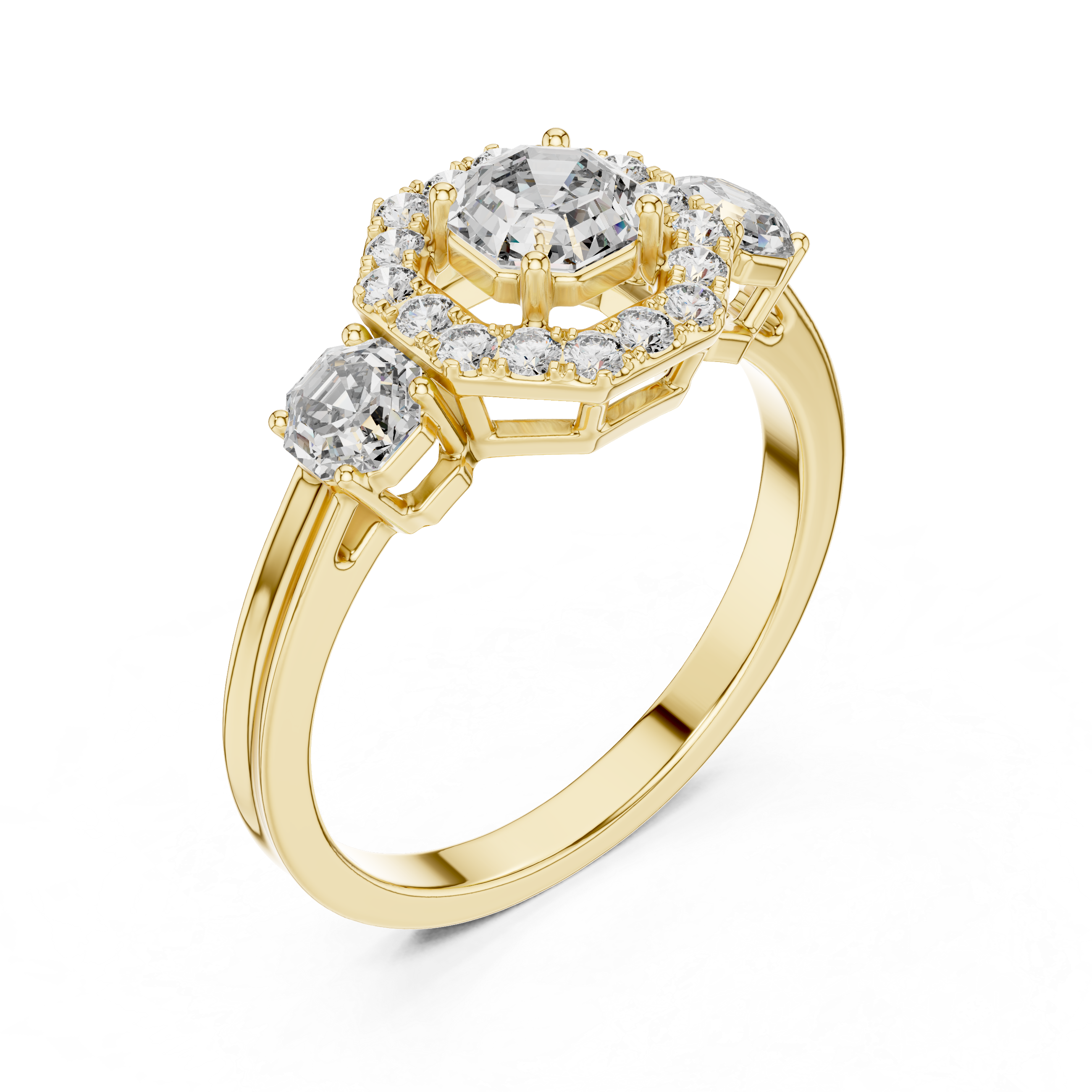 Octagonal Halo Three-Stone Diamond Engagement Ring – Design LR-0032